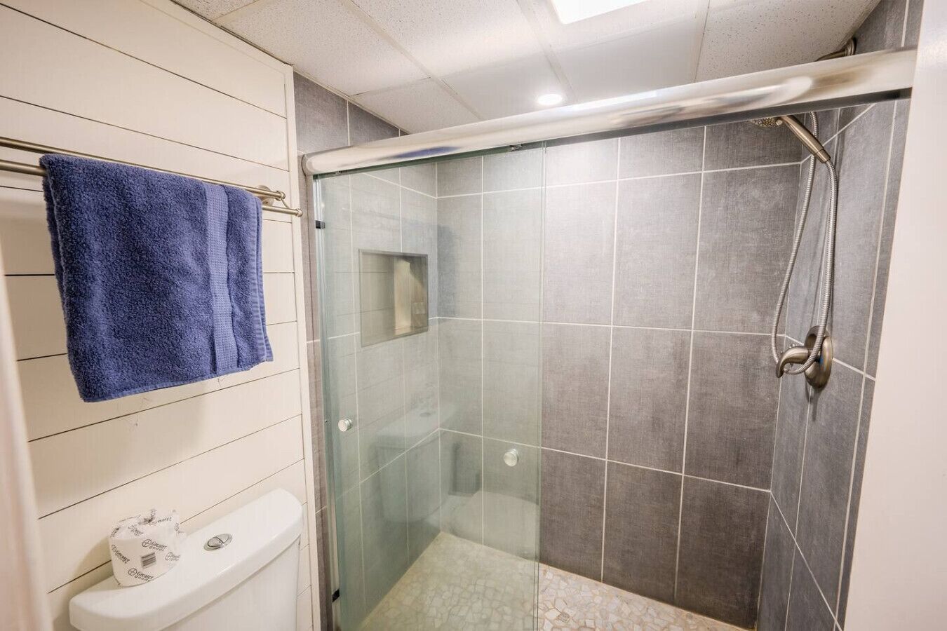 Un bagno con doccia vetrata, un water bianco e un asciugamano blu appeso al muro.