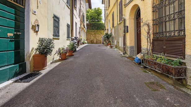 Une rue étroite, bordée de bâtiments des deux côtés, avec une porte verte et des plantes en pot.