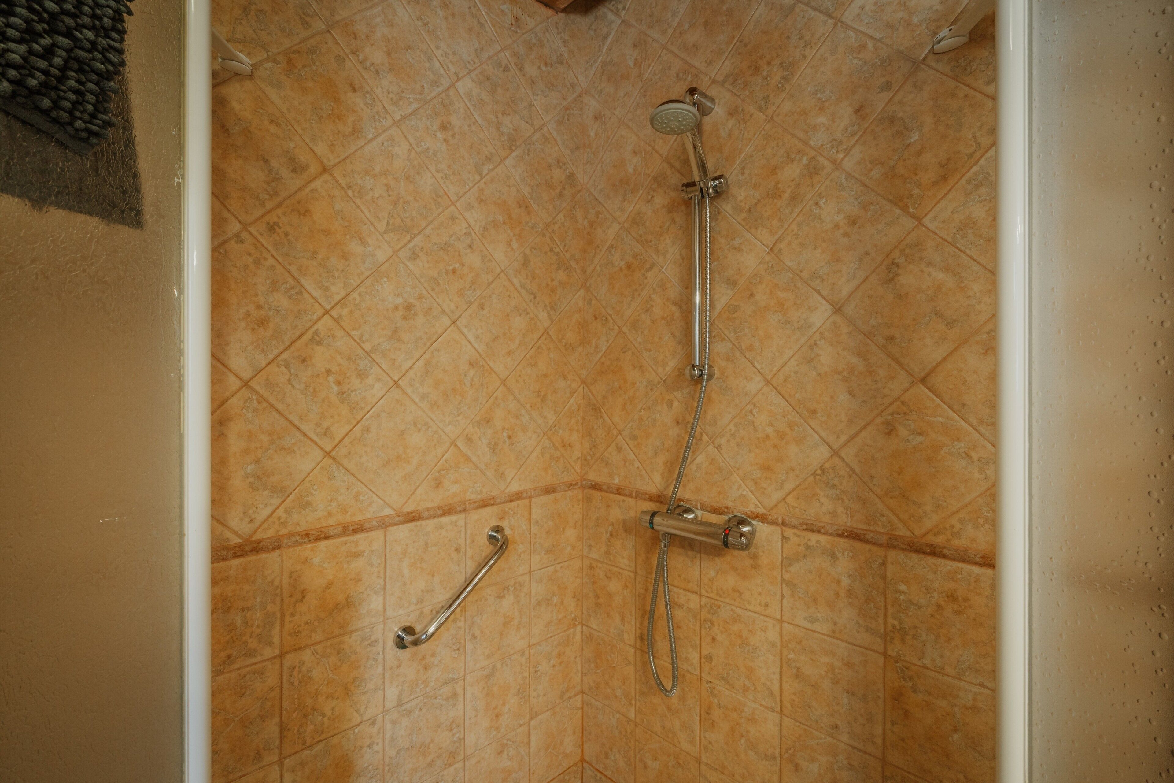 Een douchegedeelte met een handdouche, een douchekop aan de muur en een bediening voor de handdouche.