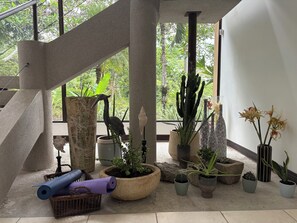 Eine Treppe mit Blick auf Grünflächen, umgeben von verschiedenen Blumentöpfen und einer Yogamatte.