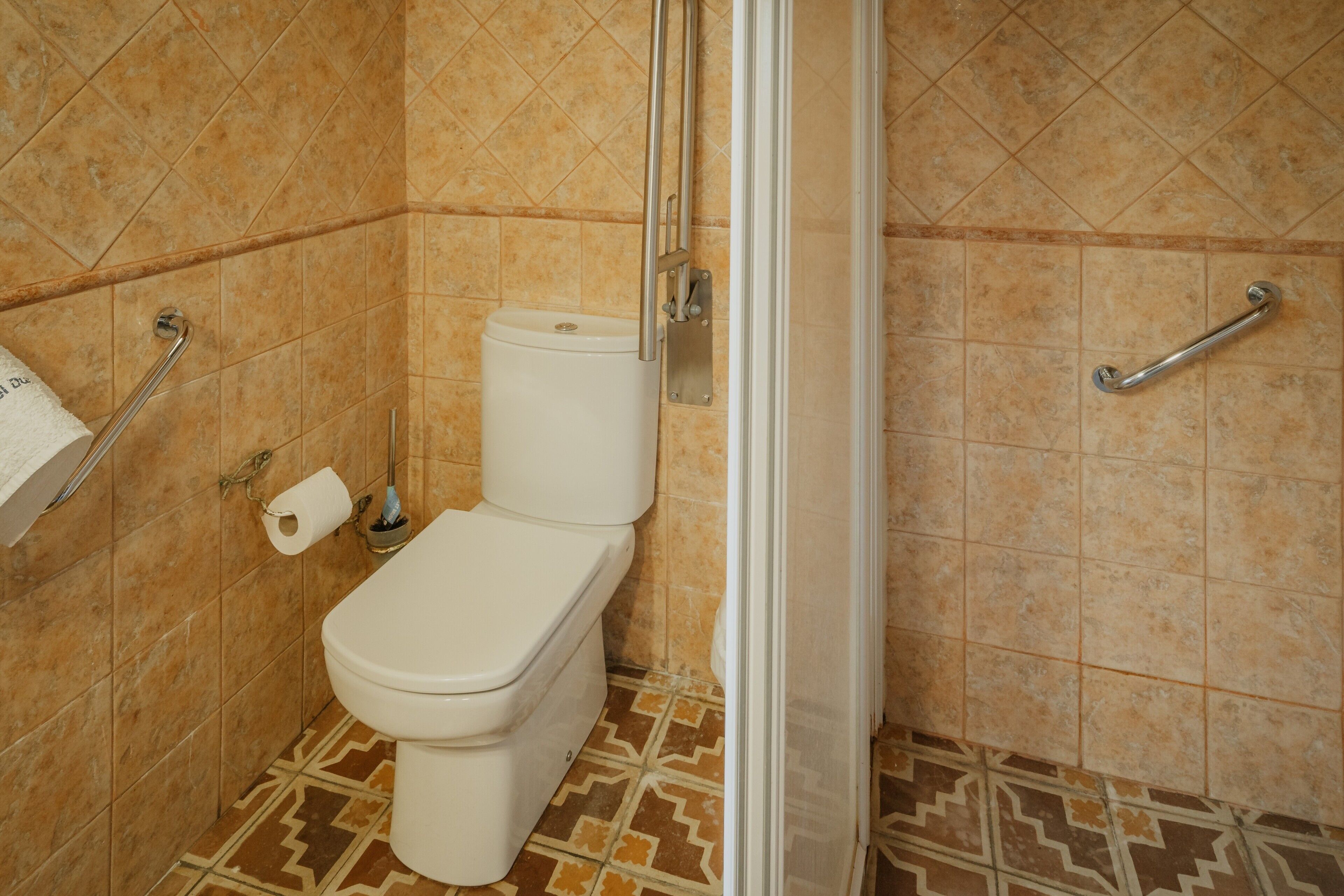 Een badkamer met toilet, douche en een handgreep.