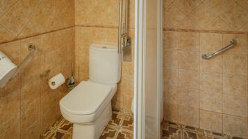 Een badkamer met toilet, douche en een handgreep.
