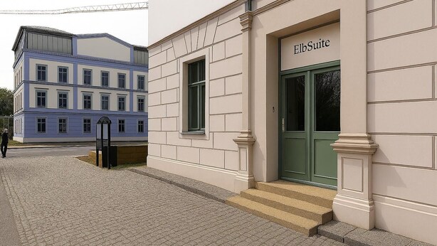 A building with a sign reading 'ElbSuite' and a traditional architectural style with a green door and steps leading to the entrance. - ElbSuite 3 room apartment, 70sqm, old town and new town 10 minutes on foot (Dresden)