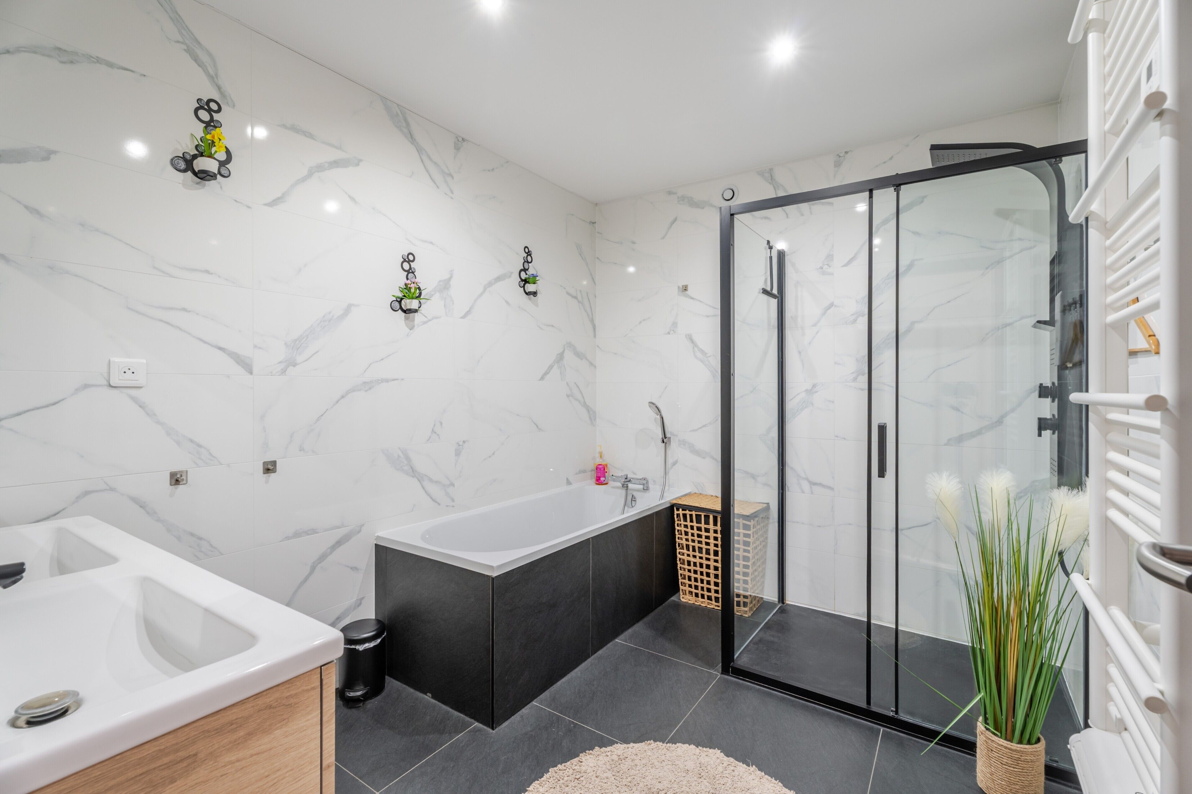 Shower, hair dryer, towels