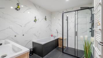 Shower, hair dryer, towels