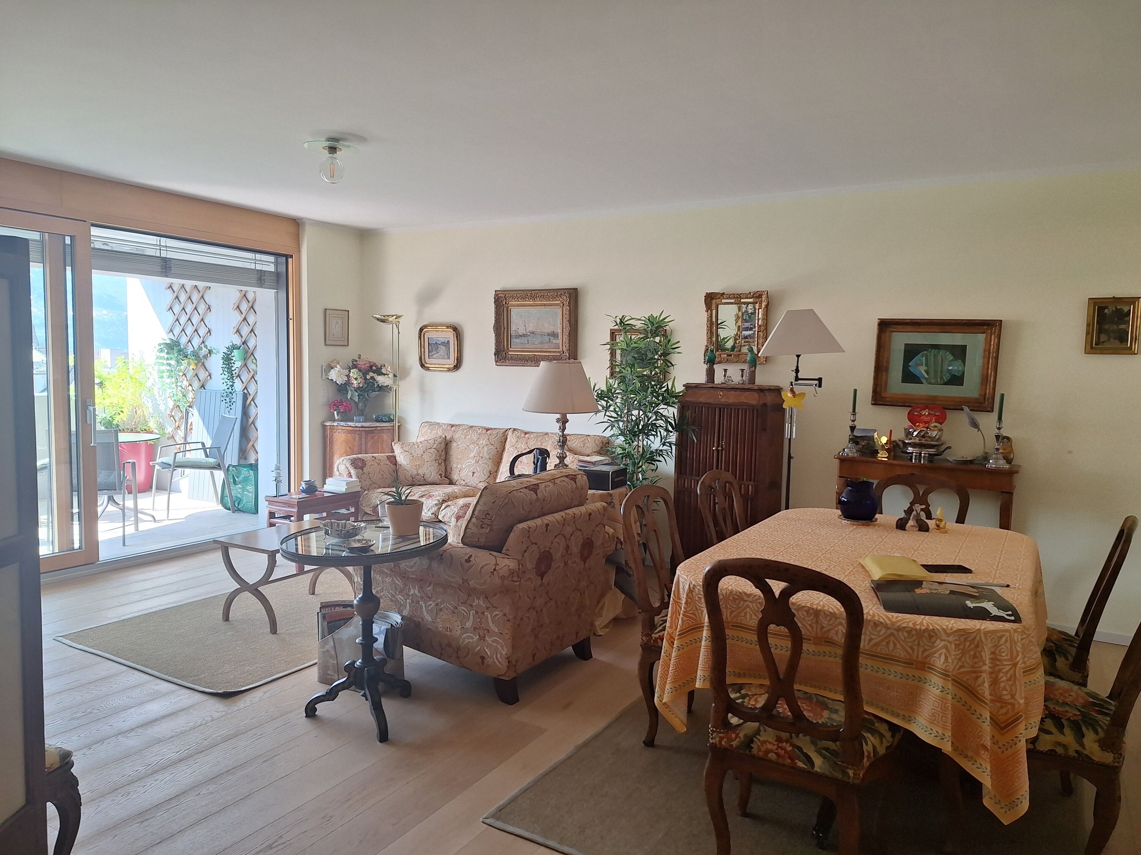 Un salon avec un canapé, une table à manger et des chaises, une lampe et une plante en pot.