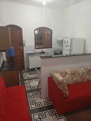 A compact kitchen with a refrigerator, sink, and window. There is a red sofa and a patterned rug.