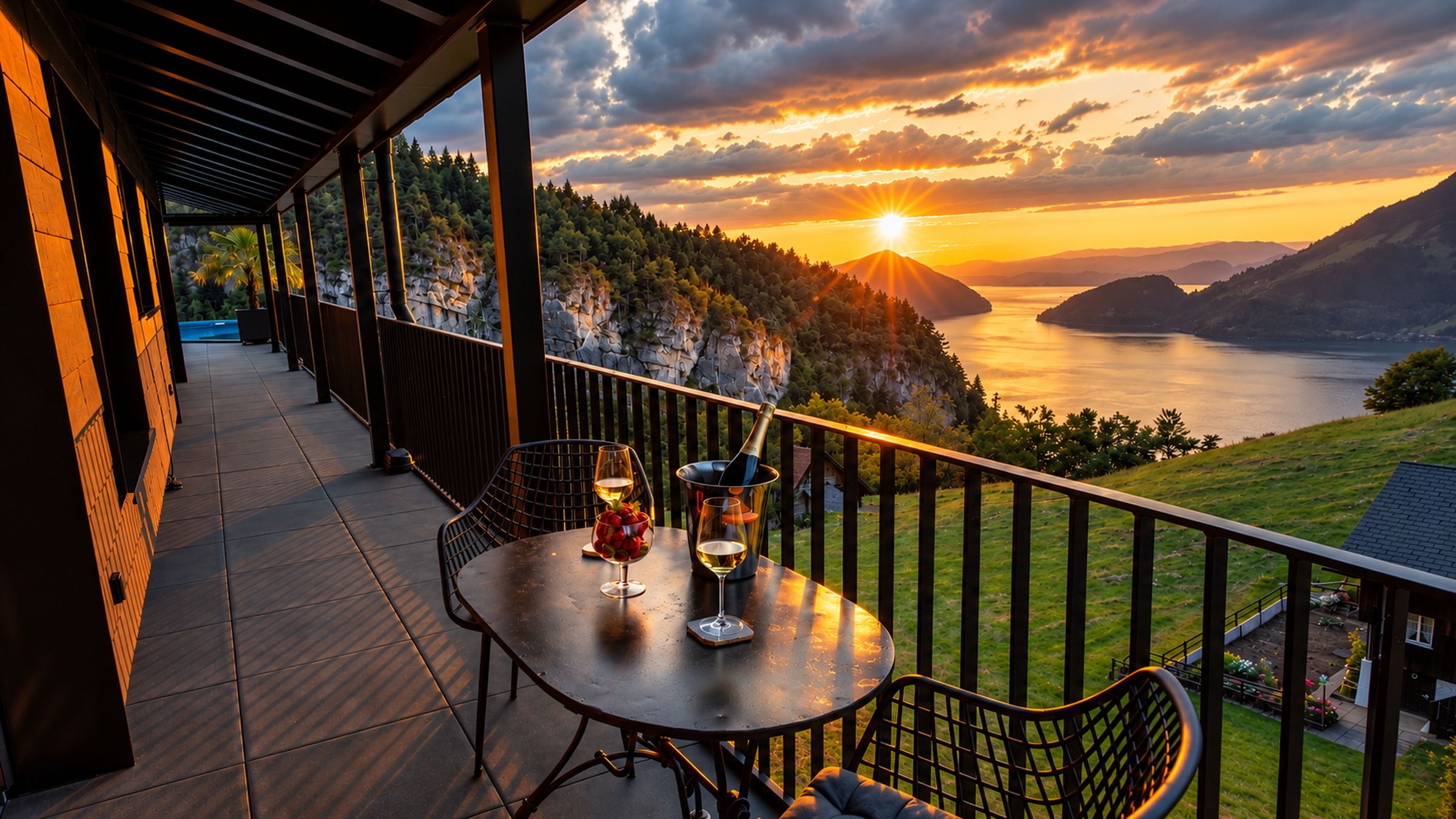 A terrace with a table and chairs, overlooking a lake and mountains during sunset.