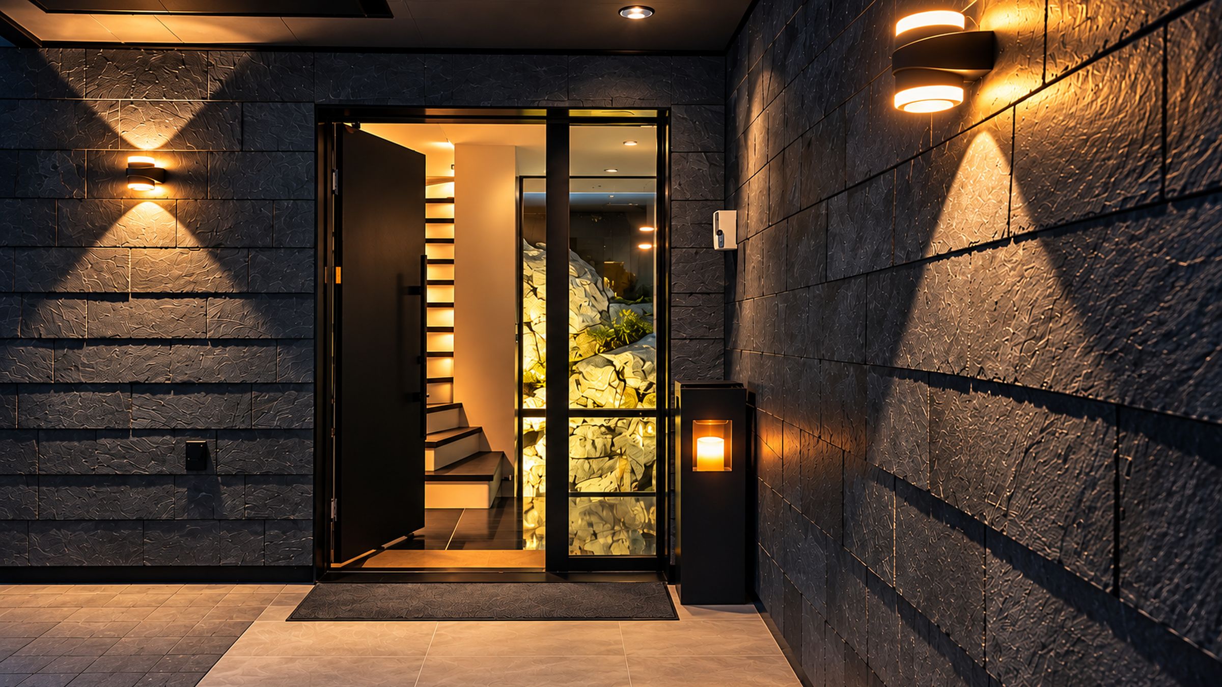 A modern entrance with a glass door leading to a staircase and a wall-mounted light fixture.