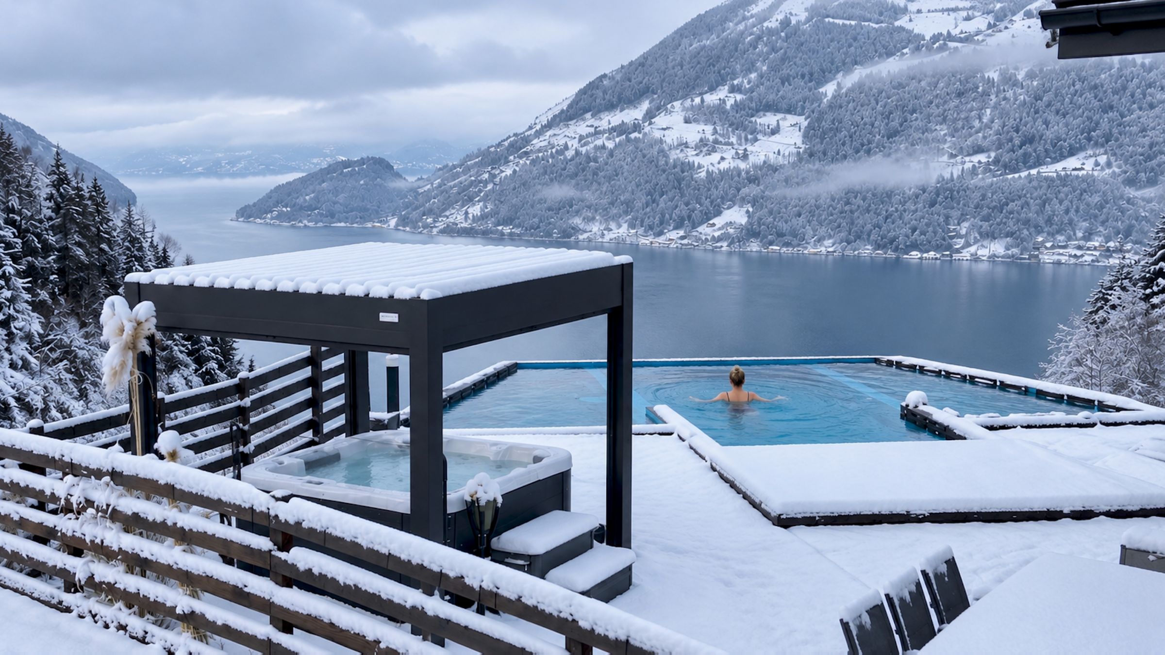 A snow-covered outdoor swimming pool with a person in the water, surrounded by snow-covered trees and mountains in the background.