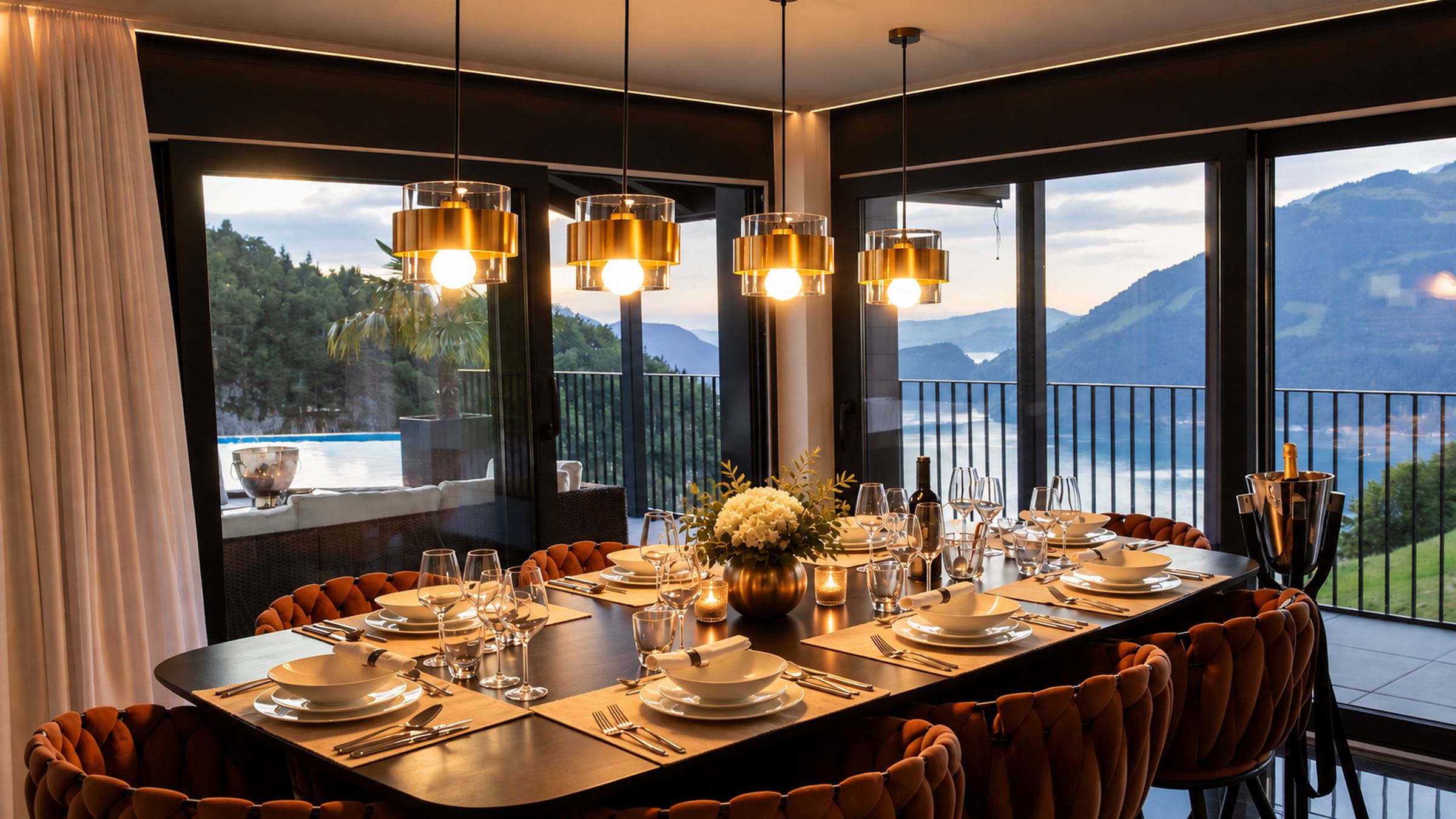 A dining area with a table set for a meal, large windows with a mountain view, and pendant lighting.