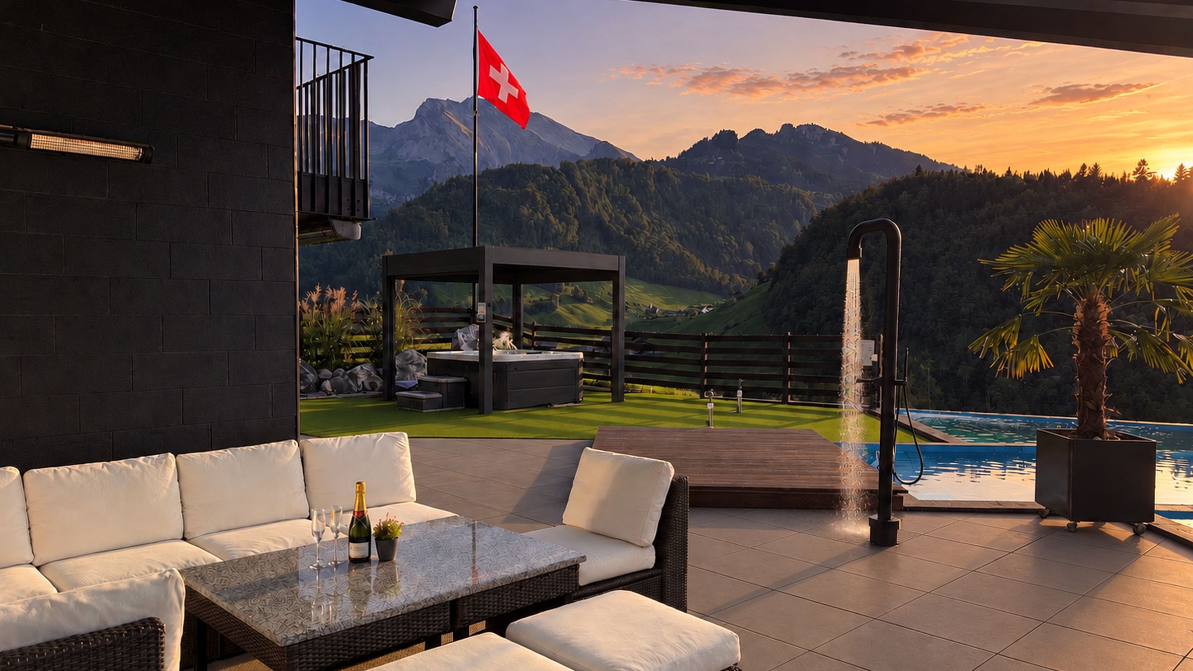Une terrasse avec des sièges extérieurs, une piscine et une vue sur les montagnes.
