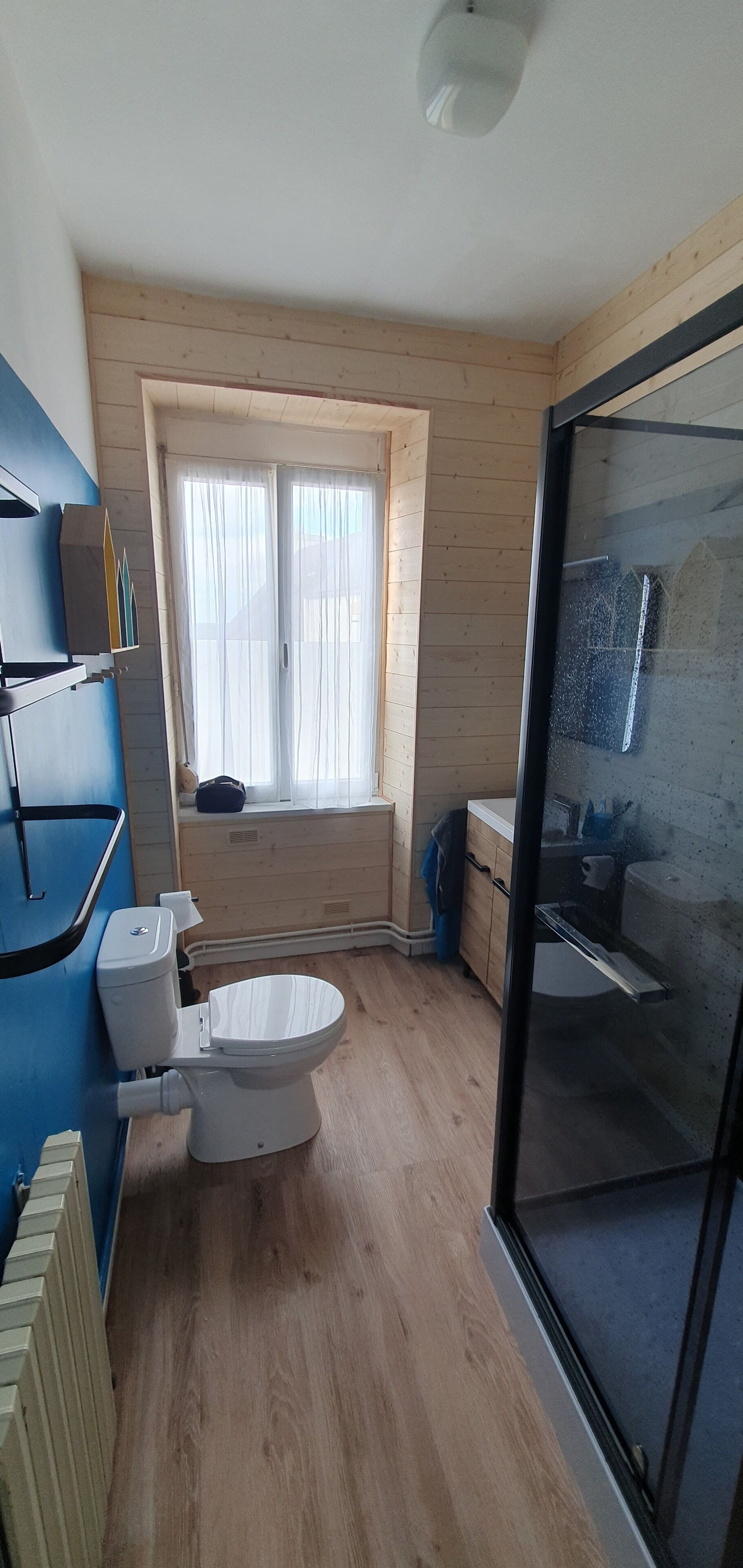 Shower, hair dryer, toilet paper