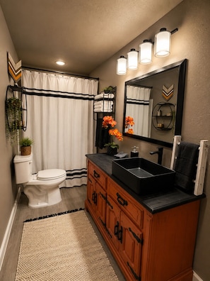 Hair dryer, towels, soap, shampoo