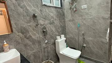 A bathroom with a toilet, bidet, and shower.