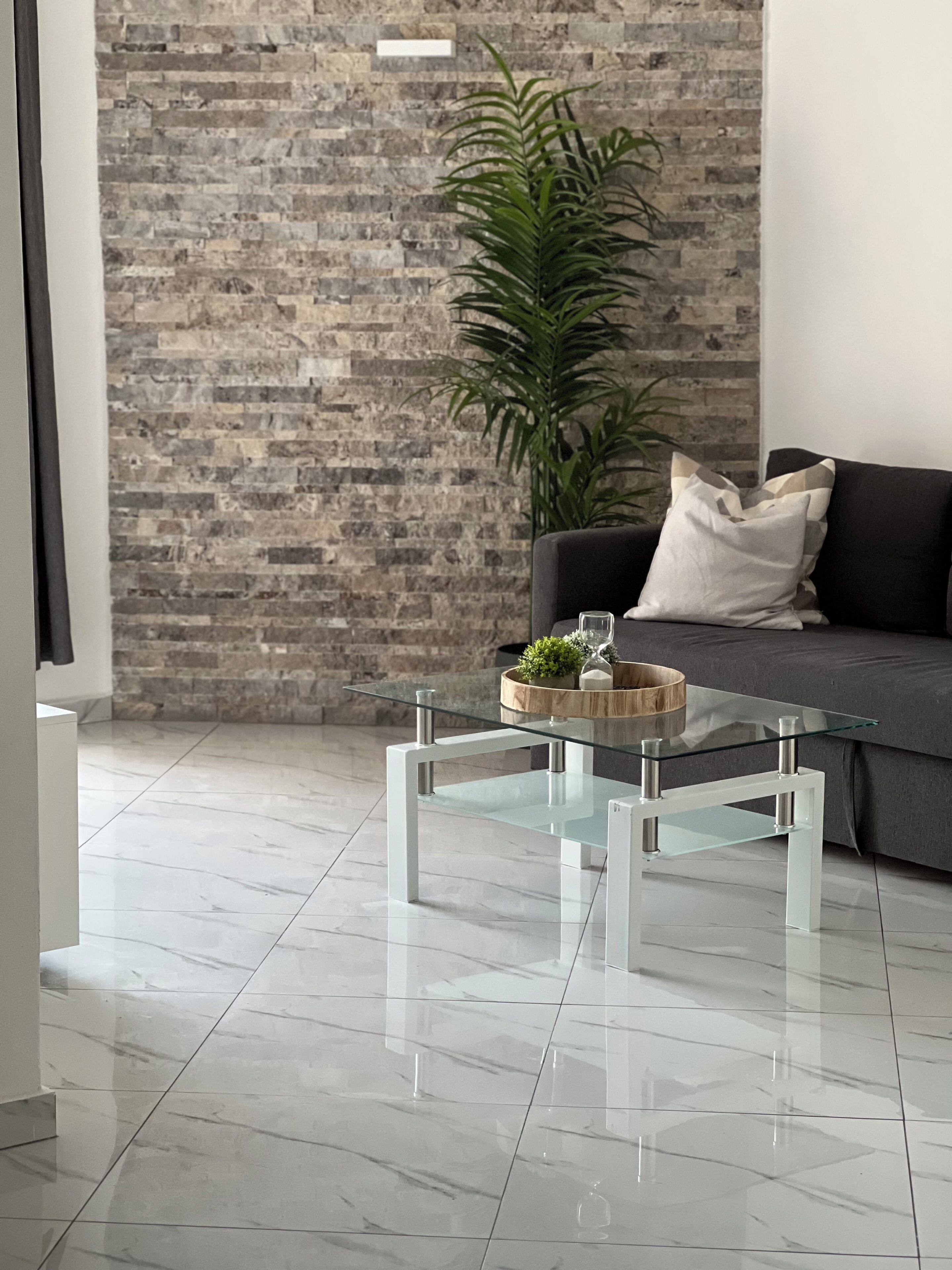 A modern living room with a glass coffee table, a brick wall, a potted plant, and a grey sofa.