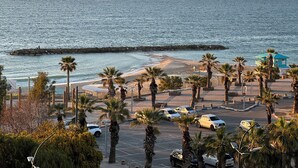 Une vue sur la côte, avec un brise-lames rocheux, des palmiers et des voitures garées.