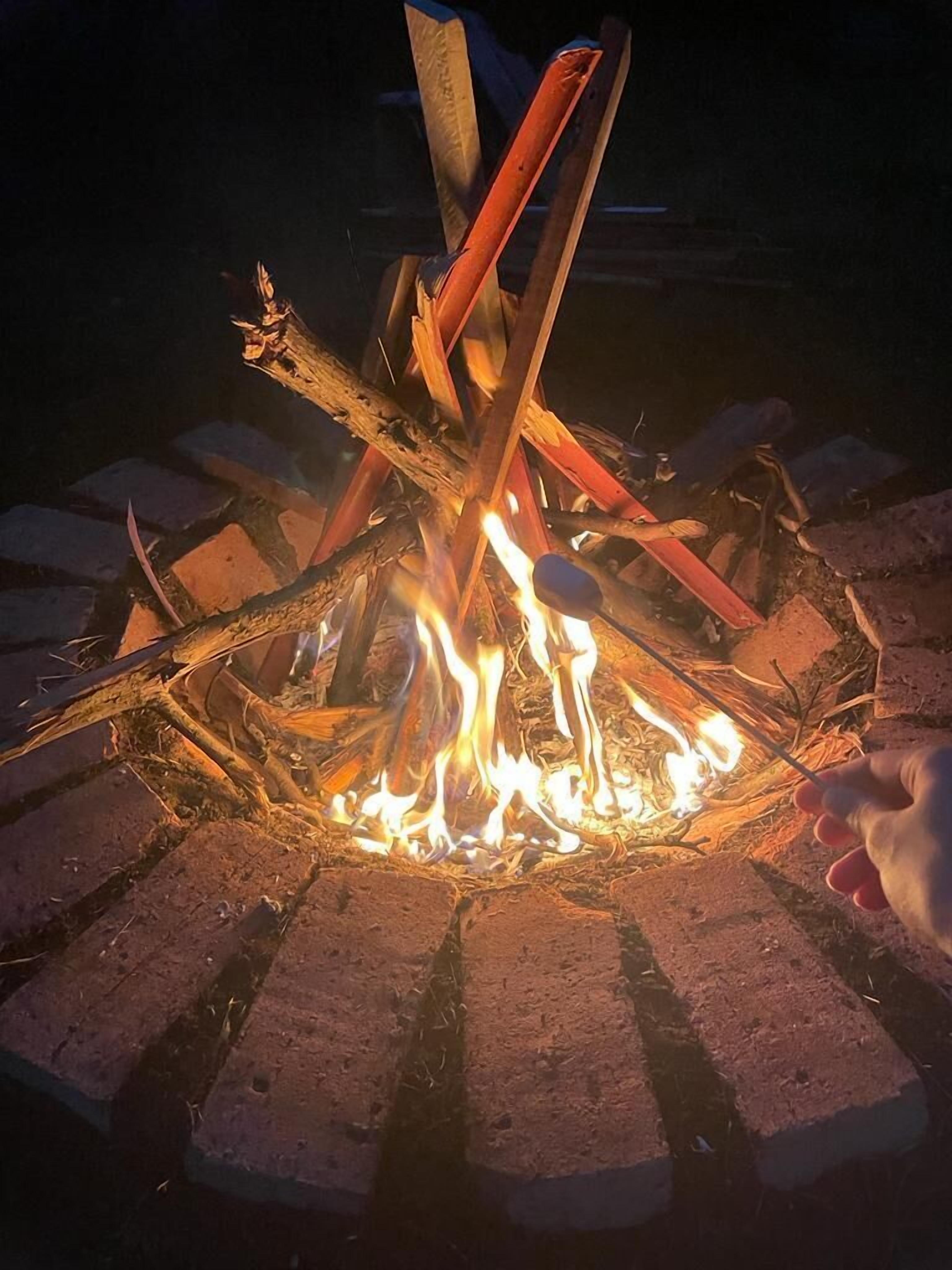 Una fogata con troncos y llamas, rodeada de ladrillos.