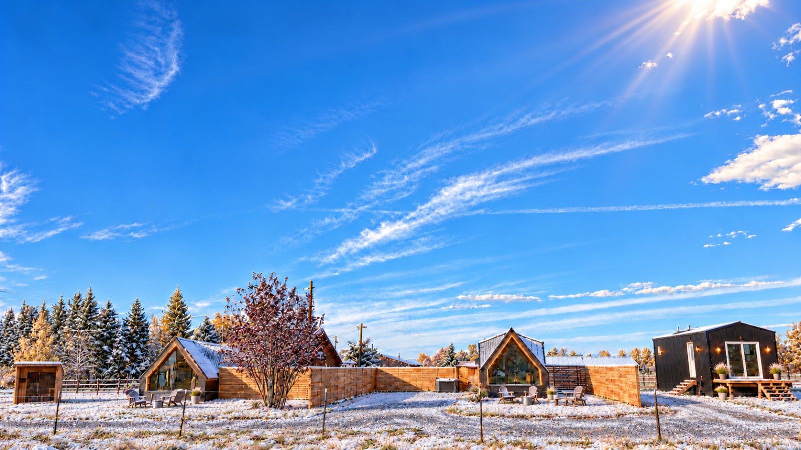 A snow-covered landscape with multiple cabins and a clear blue sky.