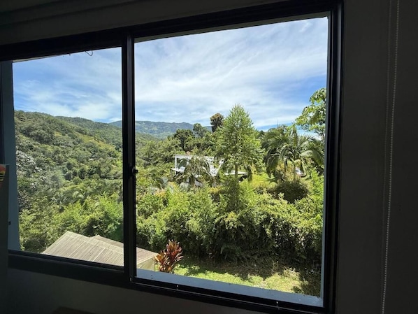 A room with a large window overlooking a lush green landscape with trees and hills.