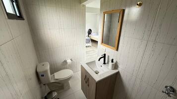 Et lille badeværelse med toilet, vask og spejl.