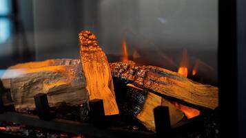 Gros plan sur des bûches de bois en train de brûler dans une cheminée.