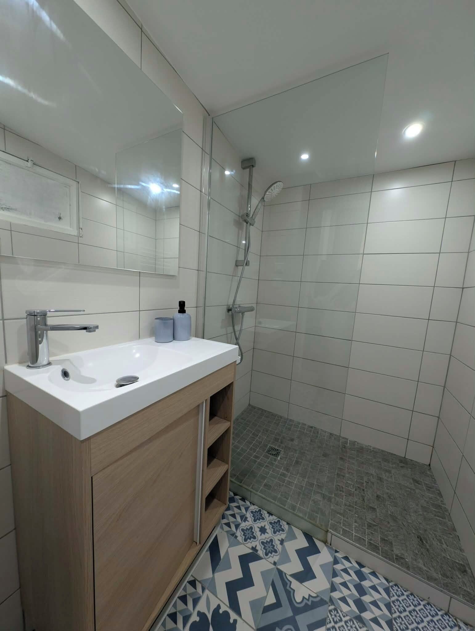 Shower, towels, toilet paper