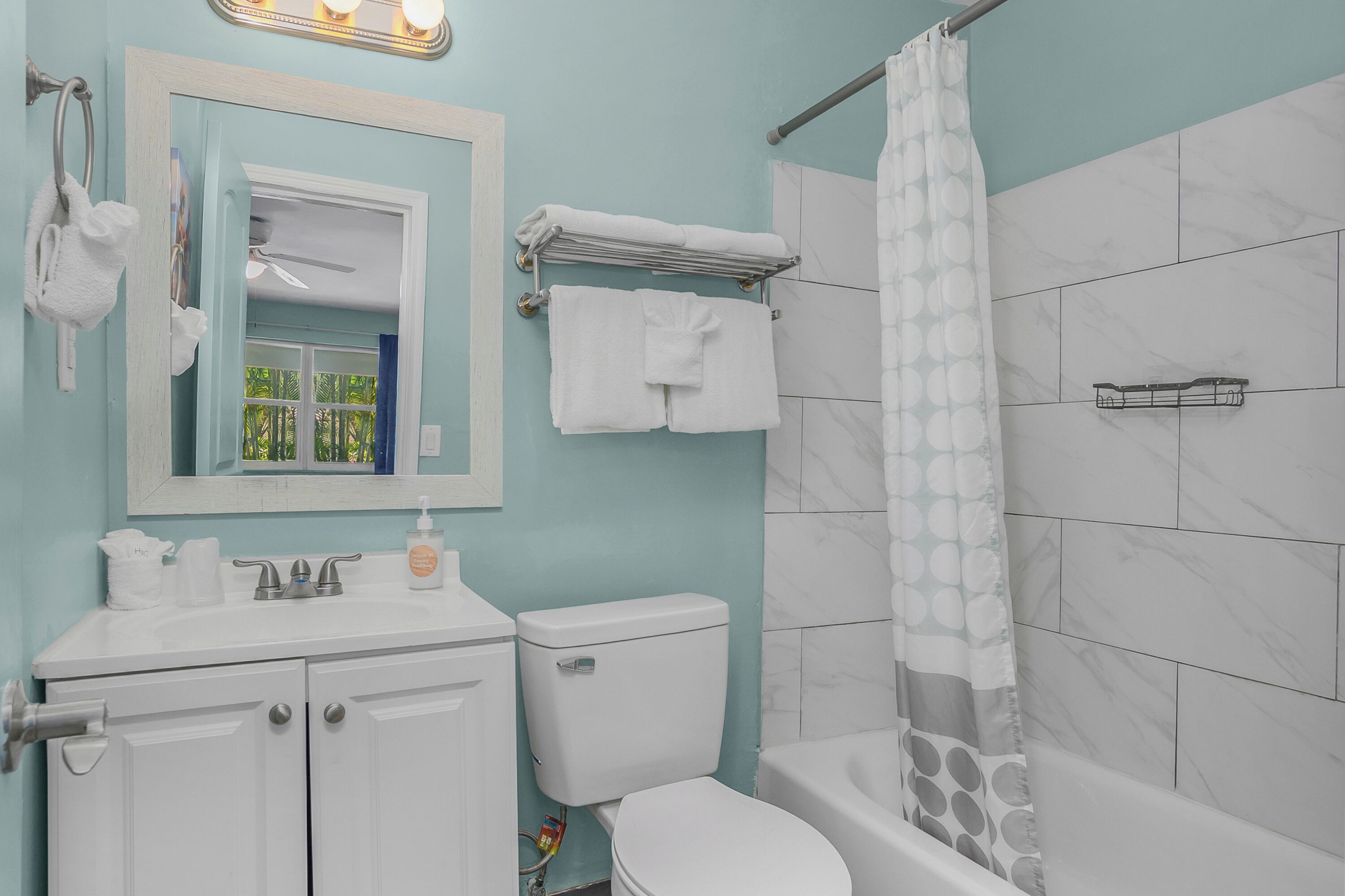 Hair dryer, towels, soap, toilet paper
