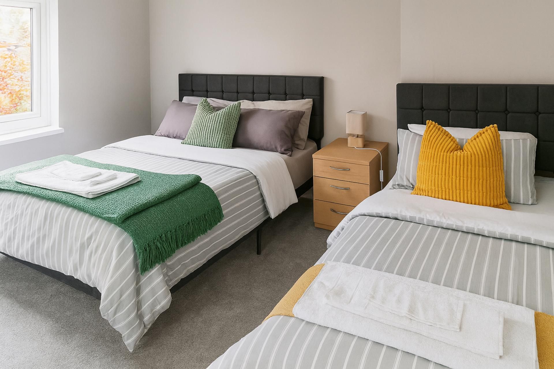 A hotel room with two beds, a bedside table, and a nightstand.