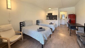 A compact room with two beds, a kitchenette, a dining area, and a single chair.