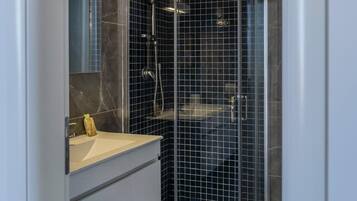 Hair dryer, towels, soap, toilet paper
