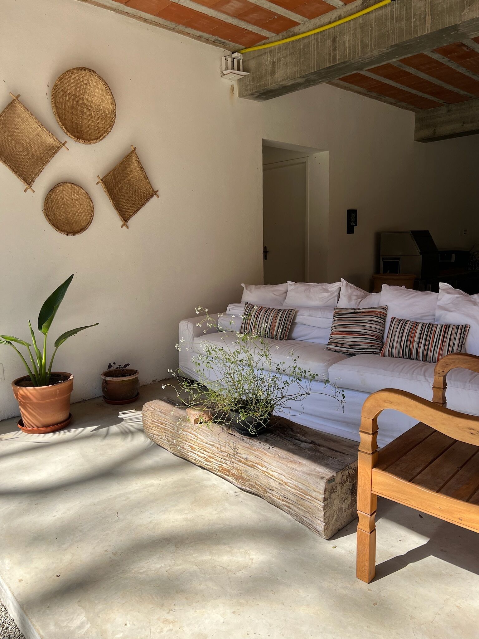 A room with a white sofa, multiple pillows, a wooden chair, and several potted plants.