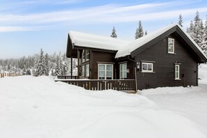 A two-story cabin with a dark exterior, surrounded by snow-covered trees and a wooden fence.