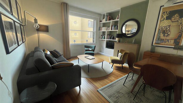 Una sala moderna con un sofá, una mesa de centro, sillones, una estantería y un comedor.