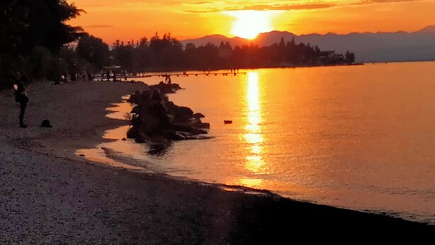 A sunset over a calm lake with a rocky shoreline and trees in the background. - At Lake Garda in the greenery and tranquility. (Veneto)