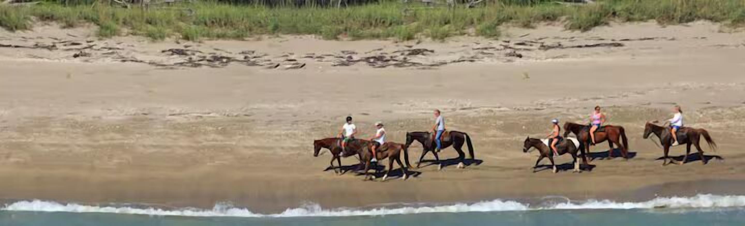 A beach with people riding horses along the shore.