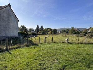 A rural landscape with a white building, a fenced field, and grazing sheep. - Pâtis Karadok - MESVRES (MESVRES)