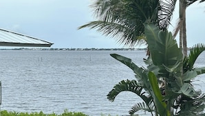A waterfront view with a building, palm trees, and a grassy area. - Waterfront condo in beautiful Stuart, Close to Jensen and Stuart beaches. (Stuart)