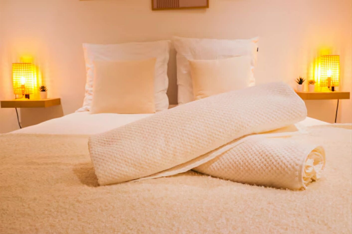 Una cama con sábanas blancas, dos mesitas de noche con lámparas y un cuadro colgado en la pared.