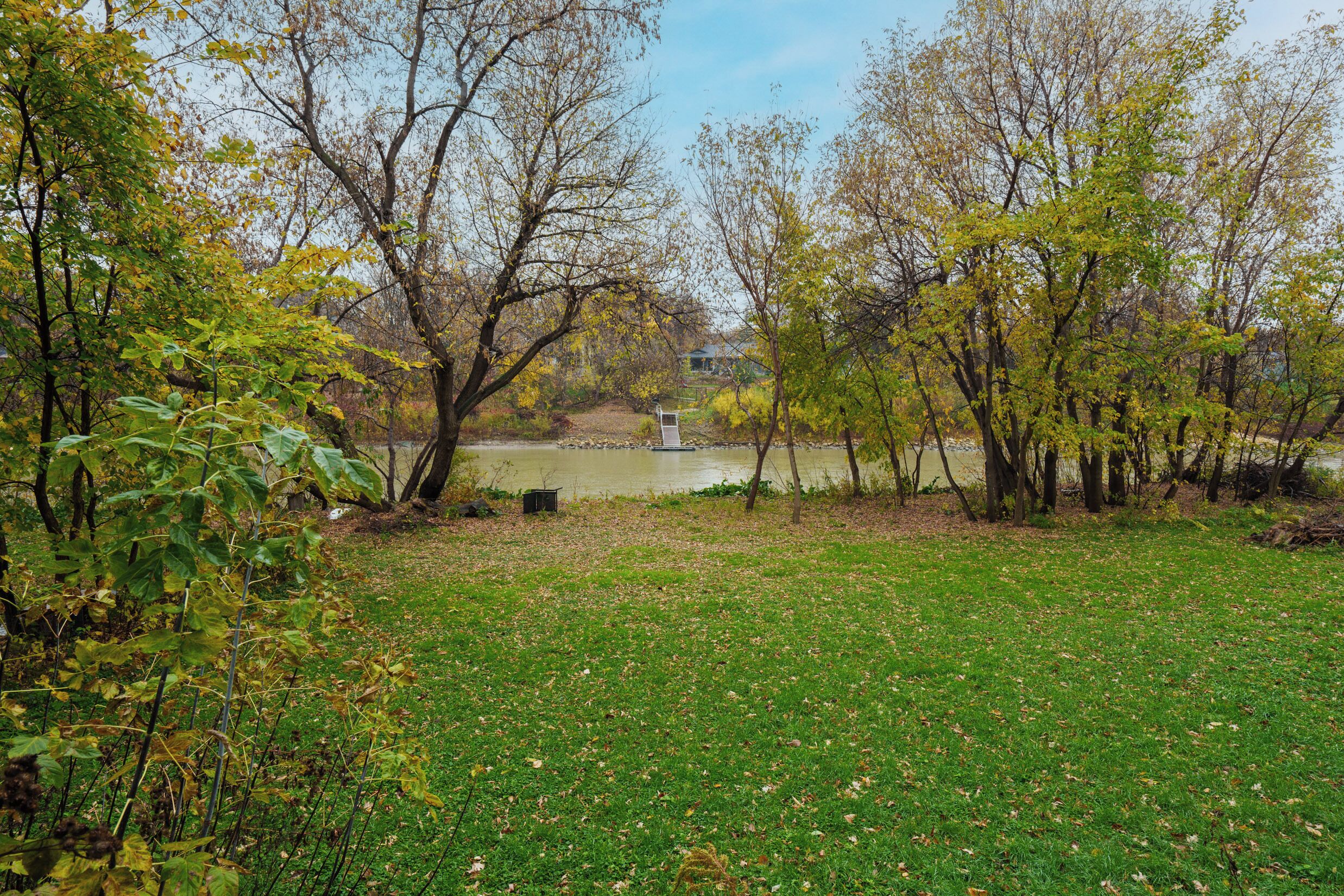 Un parc avec des arbres, une pelouse et une étendue d’eau.