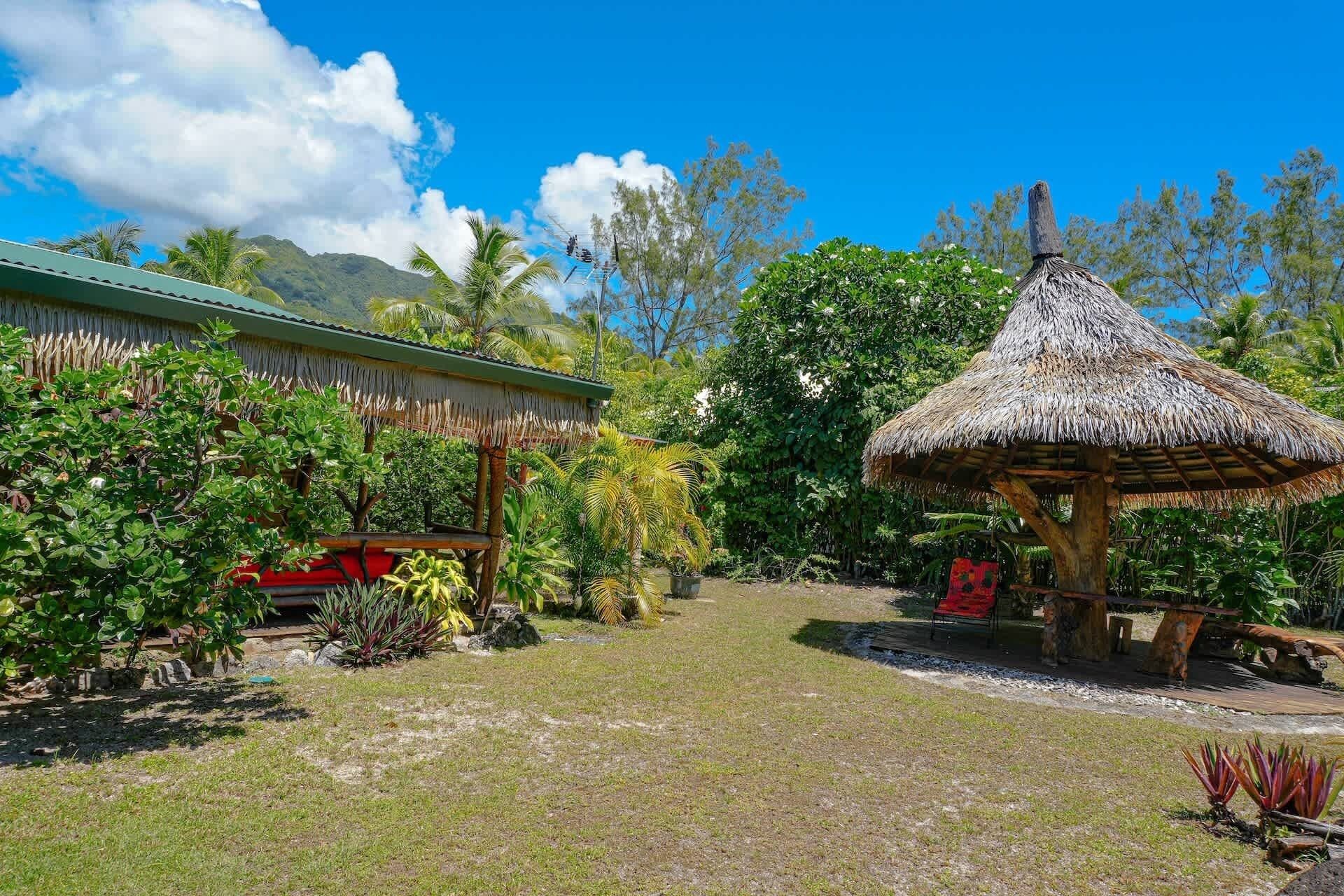 Un jardin tropical doté d’une structure à toit de chaume, d’un bâtiment à toit végétalisé et d’une végétation luxuriante.