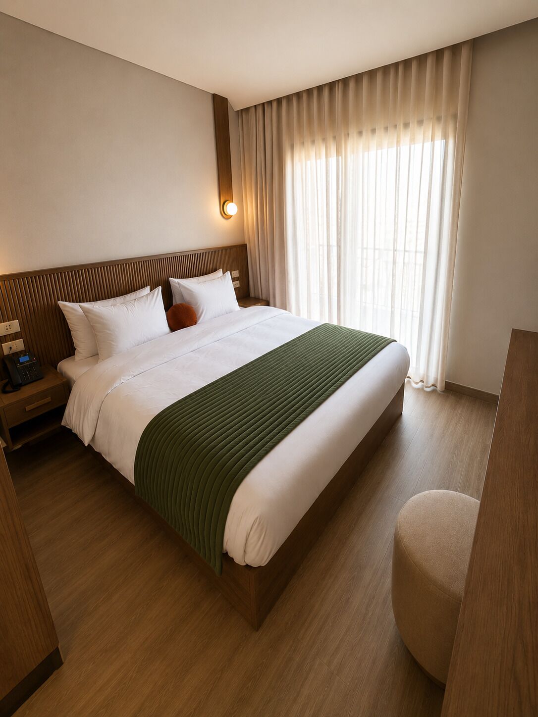 A hotel room with a bed, bedside table, lamp, and a view of the outdoors through the window.
