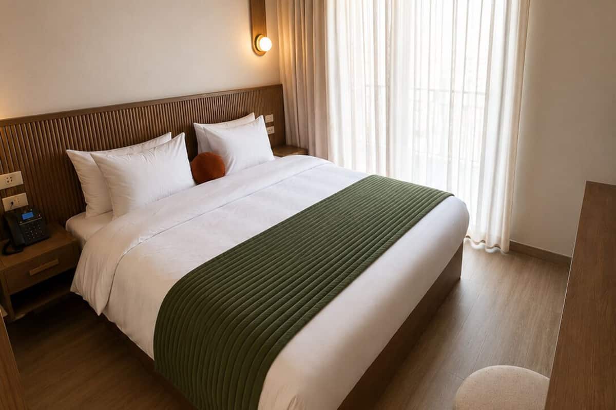 Habitación de hotel con cama, mesita de noche, lámpara y vistas al exterior a través de la ventana.