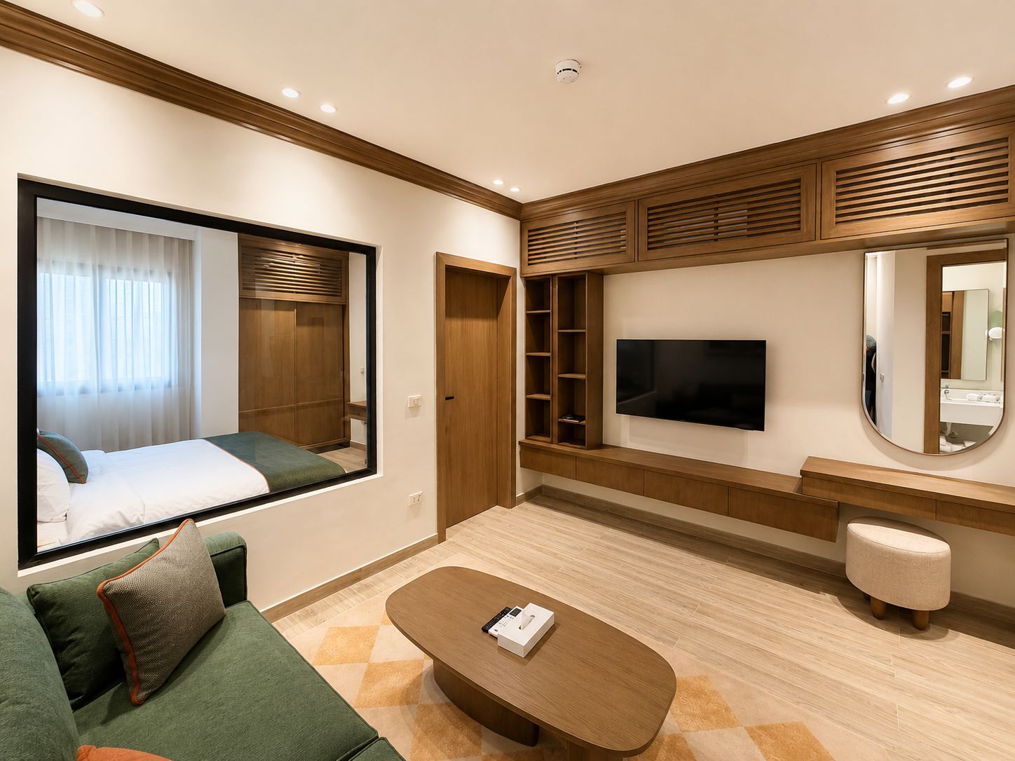 Deluxe Apartment | Living area | 55-inch LED TV with cable channels, printers