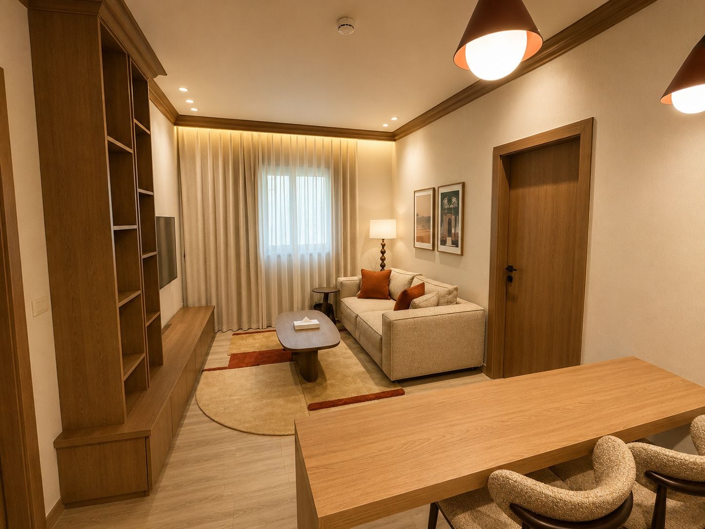 Een moderne woonkamer met een bank, salontafel en een eettafel. Een televisie is aan de muur bevestigd, er is een lamp en een deur.