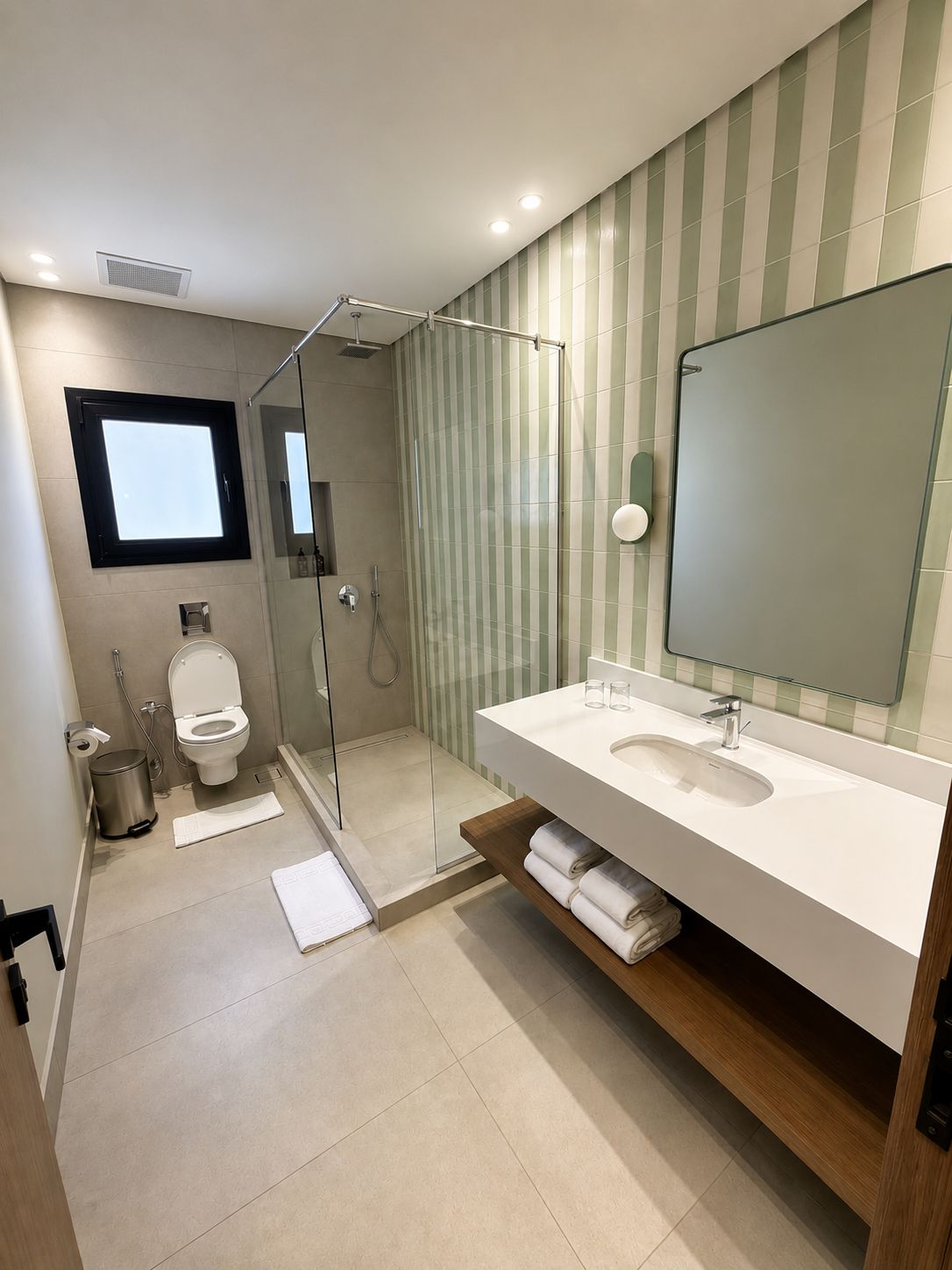 A modern bathroom with a glass shower enclosure, a white sink with a large mirror, and a striped wall.