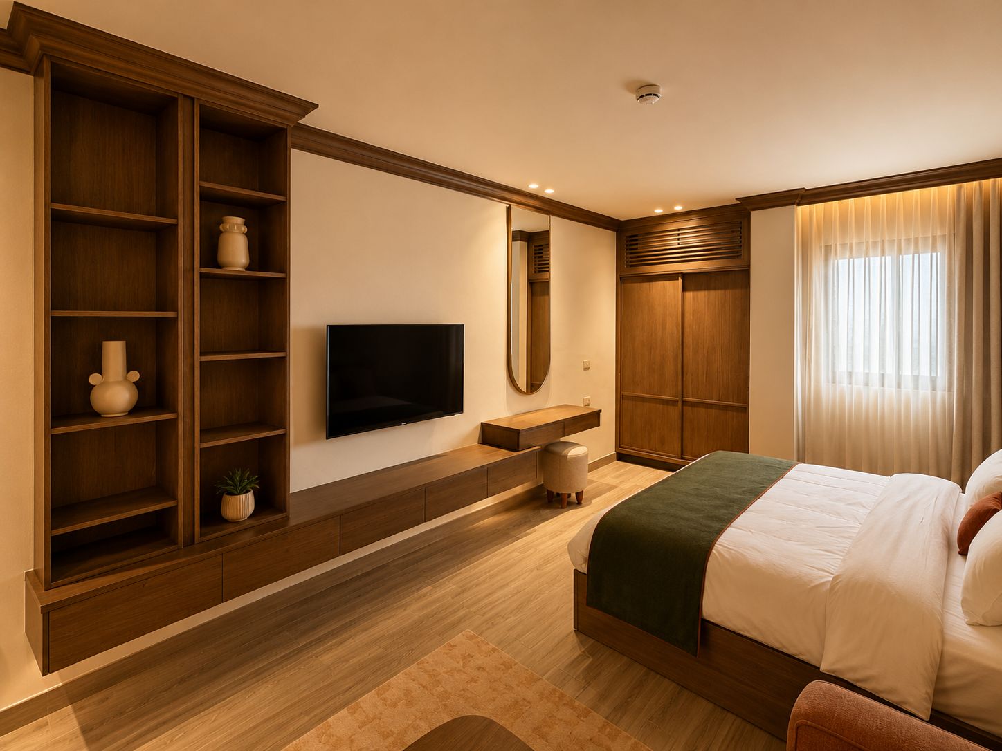 A modern bedroom with a large bed, a TV mounted on the wall, a wardrobe, and a built-in shelf unit.