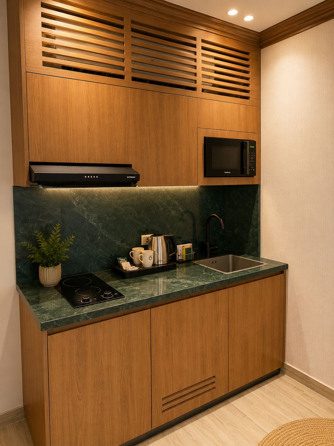 Cocina compacta con microondas integrado, pileta de acero inoxidable y cocina por inducción negra.