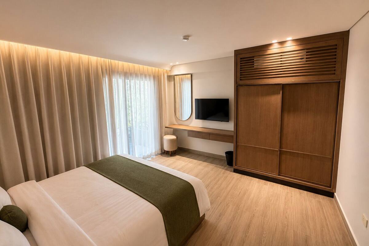 Habitación de hotel con cama, televisor, armario de madera y ventana con cortinas.