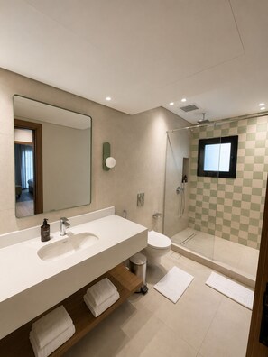A modern bathroom with a large mirror, a sink, a toilet, and a shower area. - NOMA New Cairo (New Cairo)
